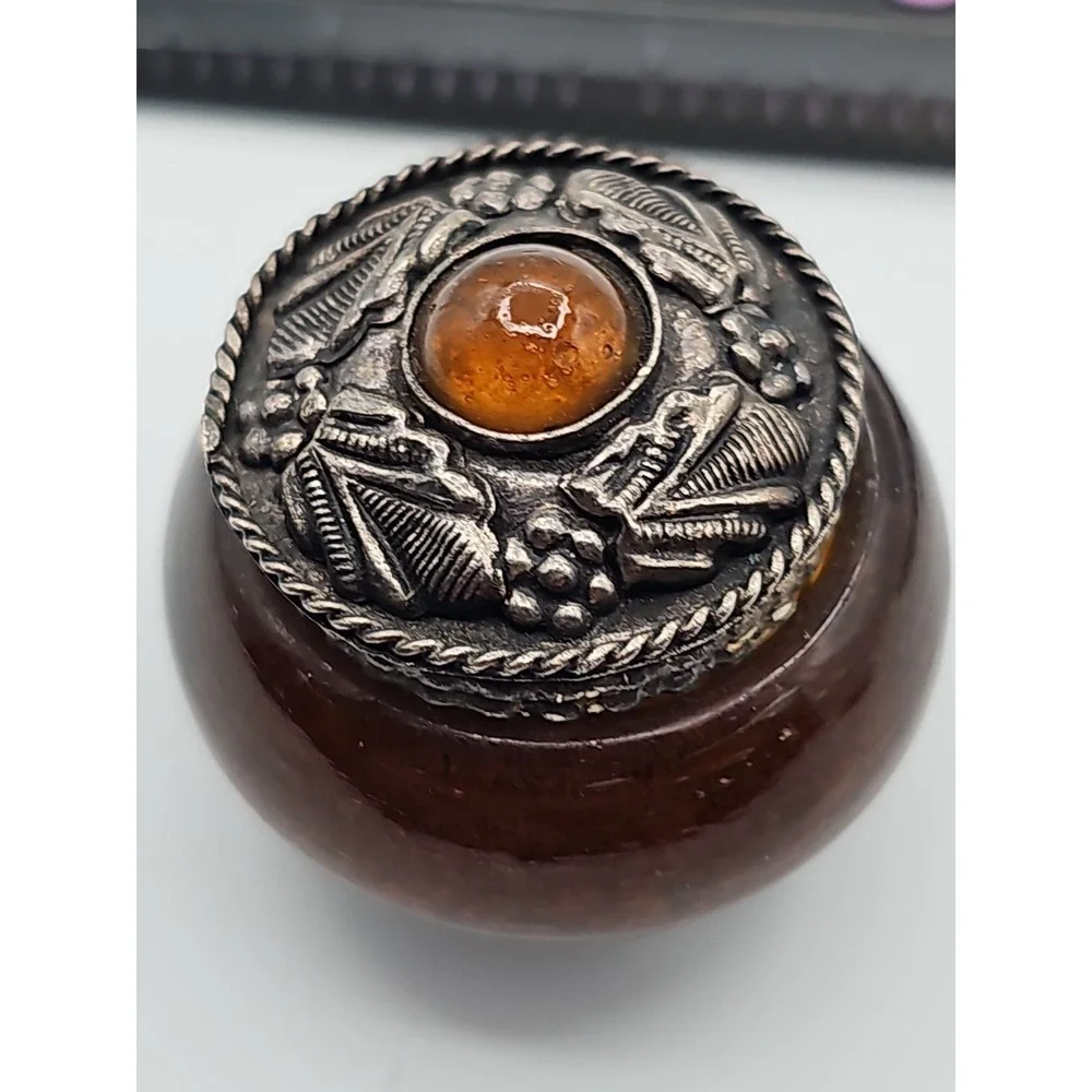 Vintage India Amber Glass Trinket Box Silver Tone Hinged Lid Footed Jewelry Box